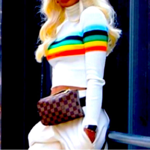 Stylish TurtleNeck Form Fitted Crop Rainbow Striped Rib Knit Long Sleeve Shirt - Picture 6 of 7